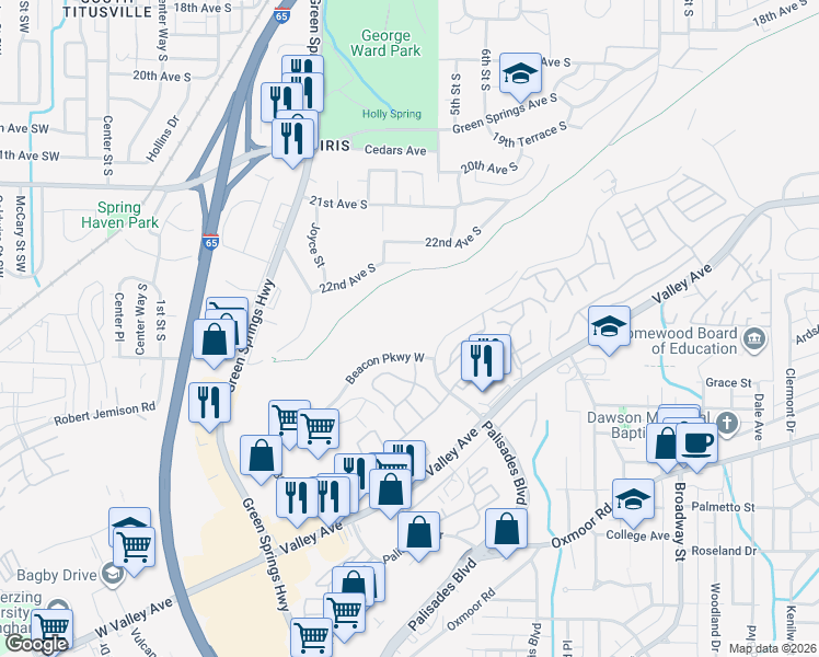 map of restaurants, bars, coffee shops, grocery stores, and more near 1000 Beacon Parkway West in Birmingham