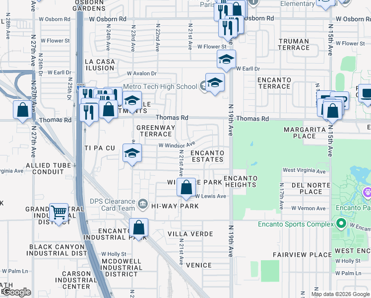 map of restaurants, bars, coffee shops, grocery stores, and more near 2061 West Windsor Avenue in Phoenix