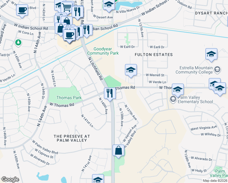 map of restaurants, bars, coffee shops, grocery stores, and more near 2801 North Litchfield Road in Goodyear