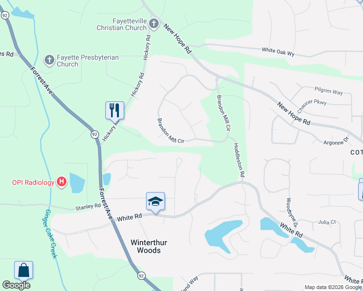 map of restaurants, bars, coffee shops, grocery stores, and more near 240 Brandon Mill Circle in Fayetteville