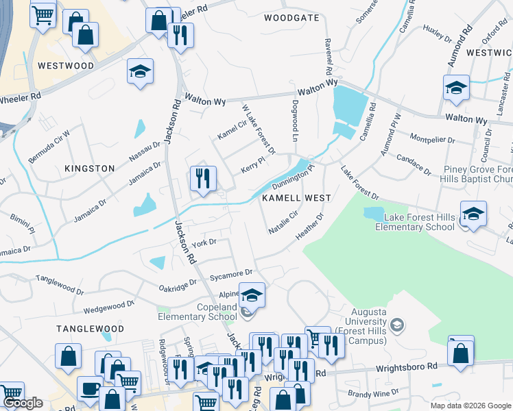 map of restaurants, bars, coffee shops, grocery stores, and more near 3426 Dunnington Place in Augusta