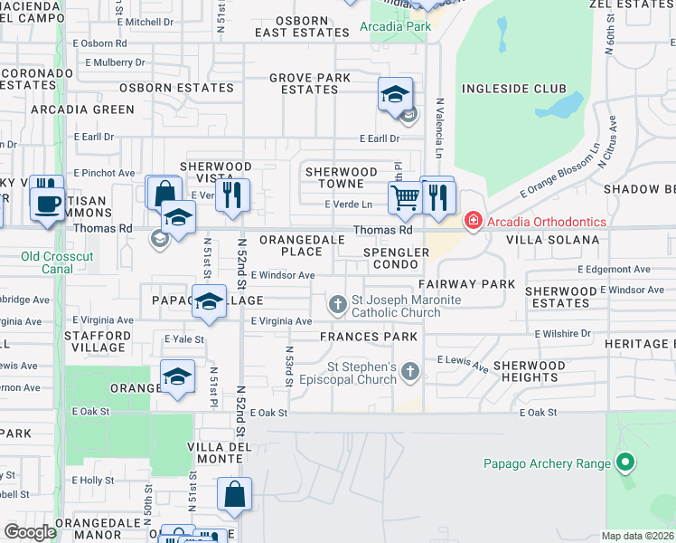 map of restaurants, bars, coffee shops, grocery stores, and more near 5402 East Windsor Avenue in Phoenix
