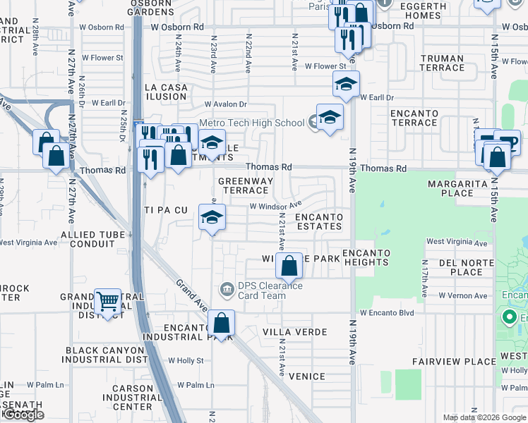 map of restaurants, bars, coffee shops, grocery stores, and more near 2123 West Windsor Avenue in Phoenix