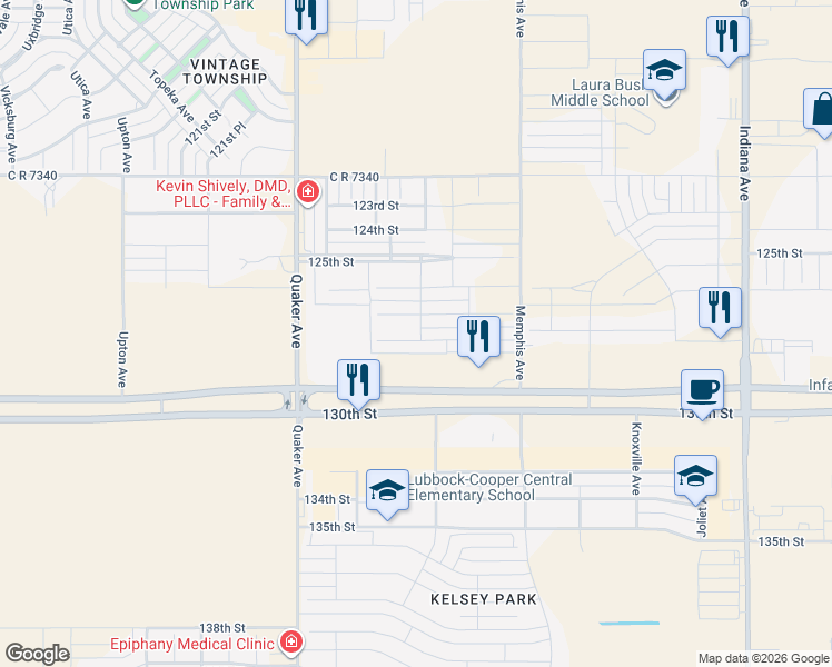 map of restaurants, bars, coffee shops, grocery stores, and more near 4002 128th Street in Lubbock