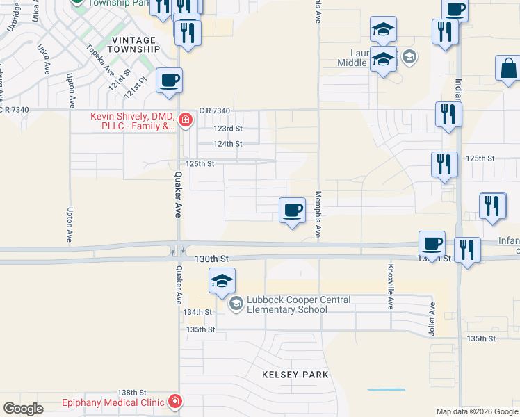 map of restaurants, bars, coffee shops, grocery stores, and more near 4002 128th Street in Lubbock