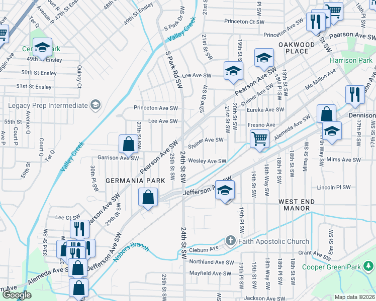 map of restaurants, bars, coffee shops, grocery stores, and more near 2335 Steiner Avenue Southwest in Birmingham