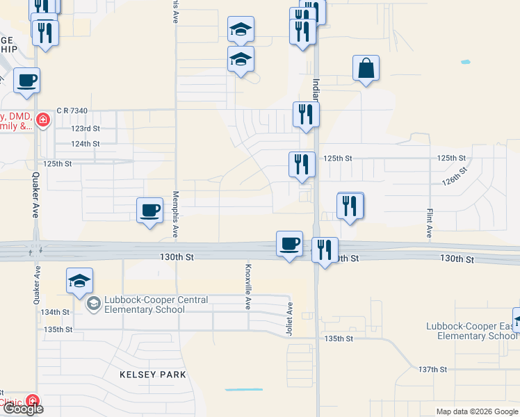 map of restaurants, bars, coffee shops, grocery stores, and more near 3814 130th Street in Lubbock