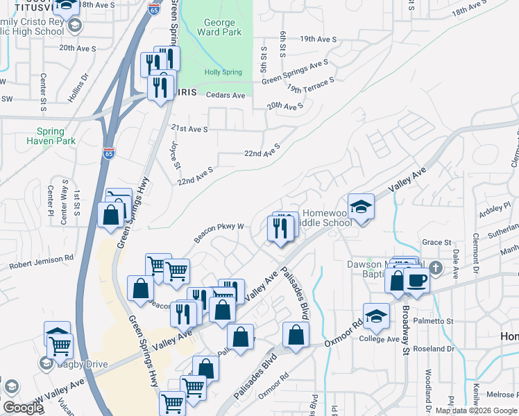 map of restaurants, bars, coffee shops, grocery stores, and more near 858 Beacon Parkway East in Birmingham