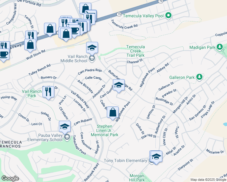 map of restaurants, bars, coffee shops, grocery stores, and more near 44632 Camino Gonzales in Temecula