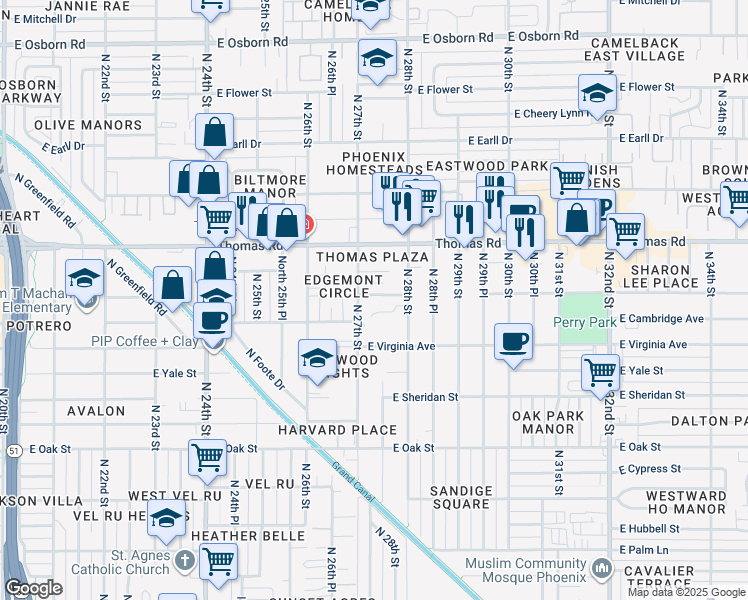 map of restaurants, bars, coffee shops, grocery stores, and more near 2719 East Windsor Avenue in Phoenix
