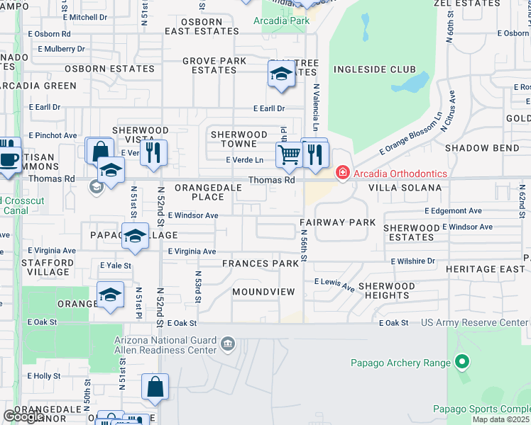 map of restaurants, bars, coffee shops, grocery stores, and more near 5402 East Windsor Avenue in Phoenix