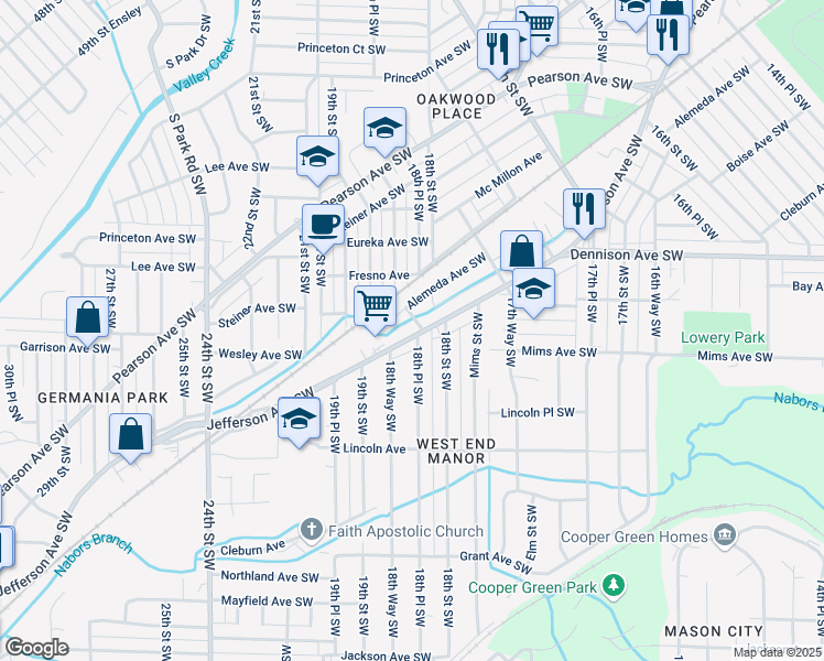 map of restaurants, bars, coffee shops, grocery stores, and more near 1812 Jefferson Avenue Southwest in Birmingham