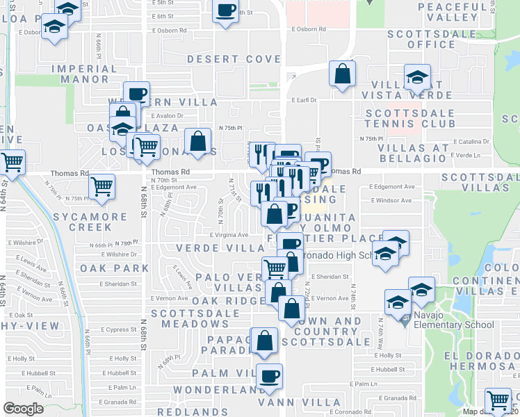 map of restaurants, bars, coffee shops, grocery stores, and more near 2637 North 71st Place in Scottsdale