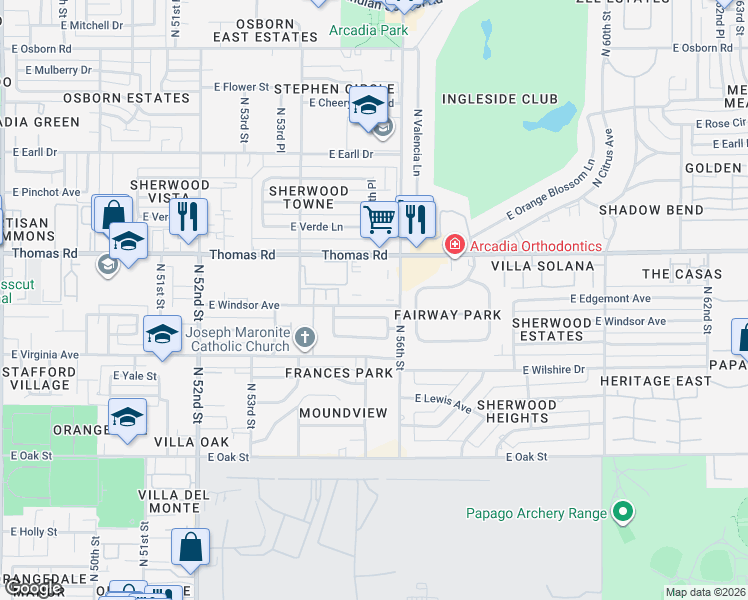 map of restaurants, bars, coffee shops, grocery stores, and more near 5525 East Thomas Road in Phoenix