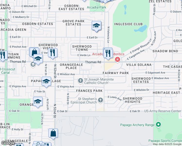 map of restaurants, bars, coffee shops, grocery stores, and more near 5402 East Windsor Avenue in Phoenix