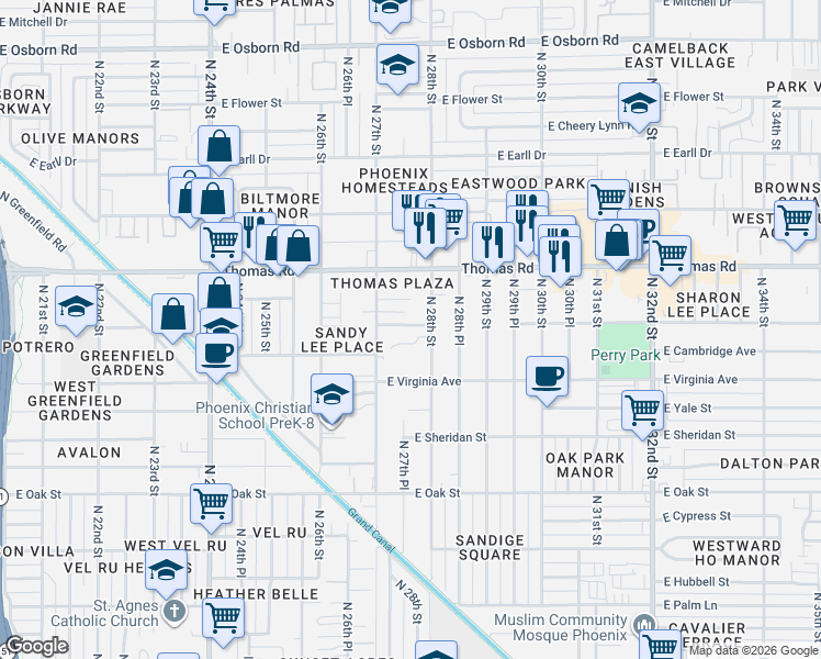 map of restaurants, bars, coffee shops, grocery stores, and more near 2719 East Windsor Avenue in Phoenix