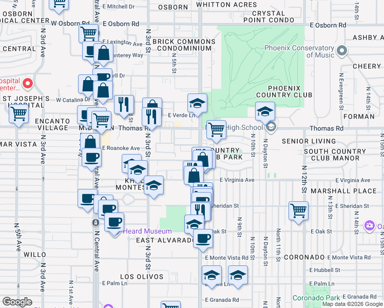 map of restaurants, bars, coffee shops, grocery stores, and more near 501 East Roanoke Avenue in Phoenix