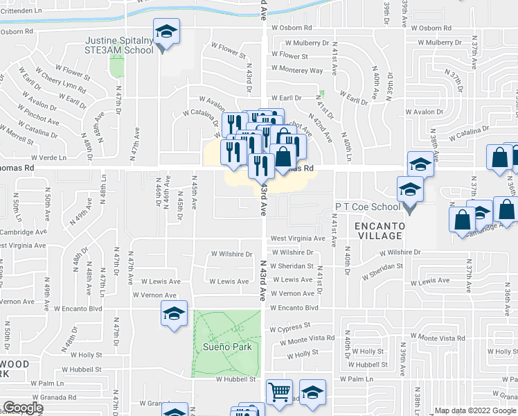 map of restaurants, bars, coffee shops, grocery stores, and more near 2636 North 43rd Avenue in Phoenix