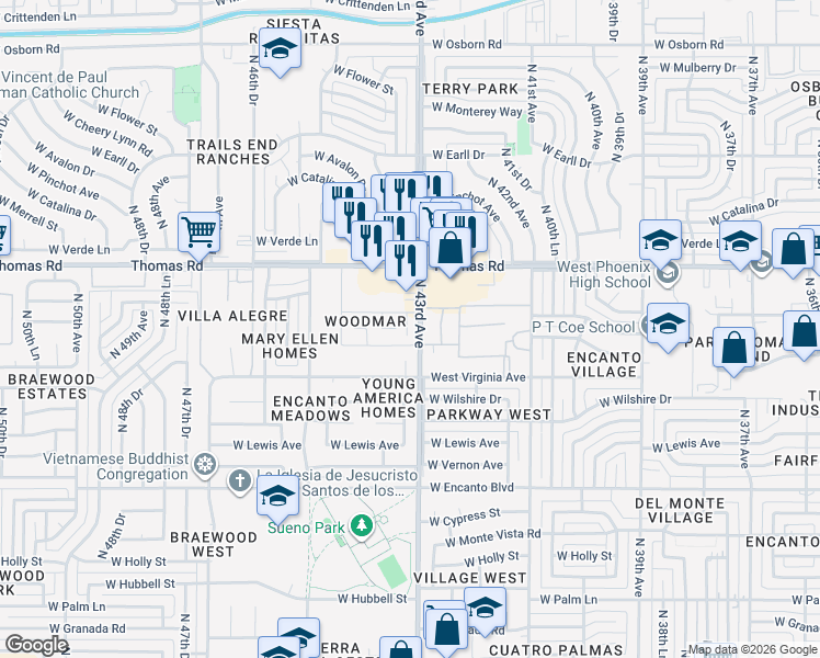 map of restaurants, bars, coffee shops, grocery stores, and more near 2636 North 43rd Avenue in Phoenix