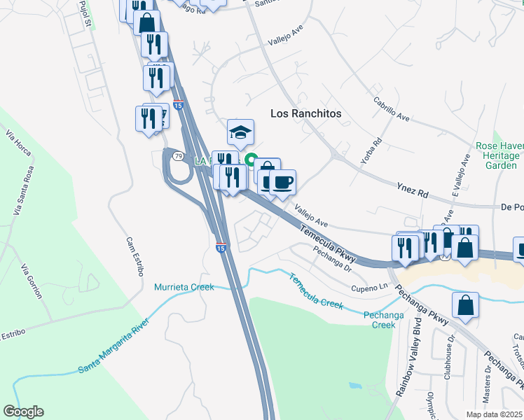map of restaurants, bars, coffee shops, grocery stores, and more near 44516 La Paz Road in Temecula