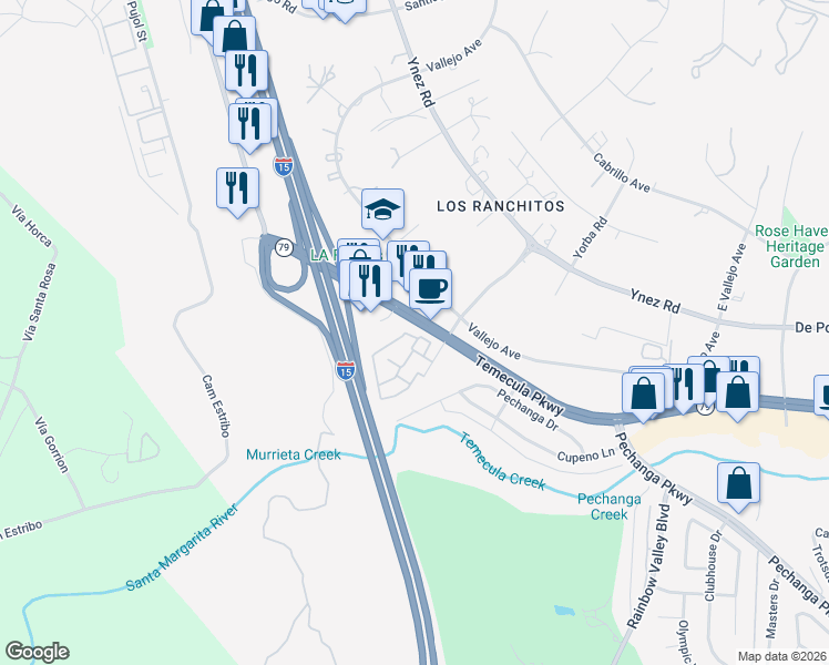map of restaurants, bars, coffee shops, grocery stores, and more near 44516 La Paz Road in Temecula
