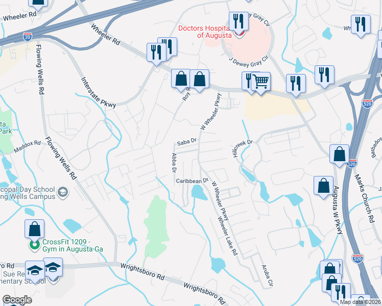 map of restaurants, bars, coffee shops, grocery stores, and more near 4016 Calypso Drive in Augusta