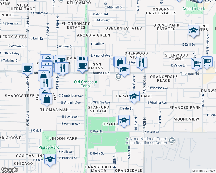 map of restaurants, bars, coffee shops, grocery stores, and more near 4921 East Windsor Avenue in Phoenix