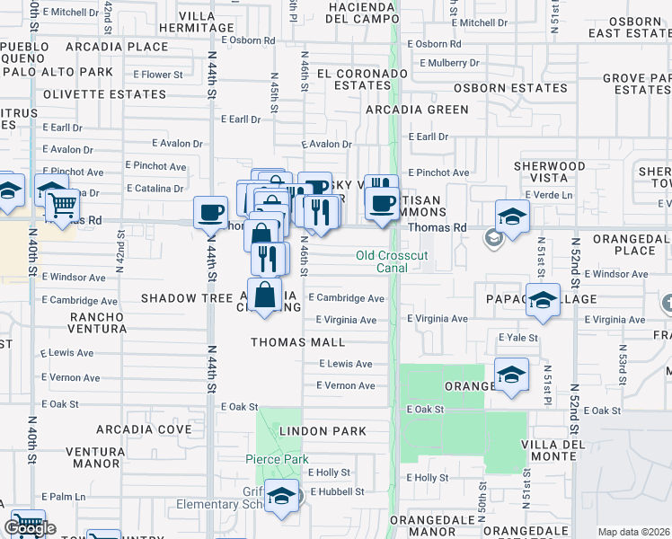 map of restaurants, bars, coffee shops, grocery stores, and more near 4634 East Windsor Avenue in Phoenix
