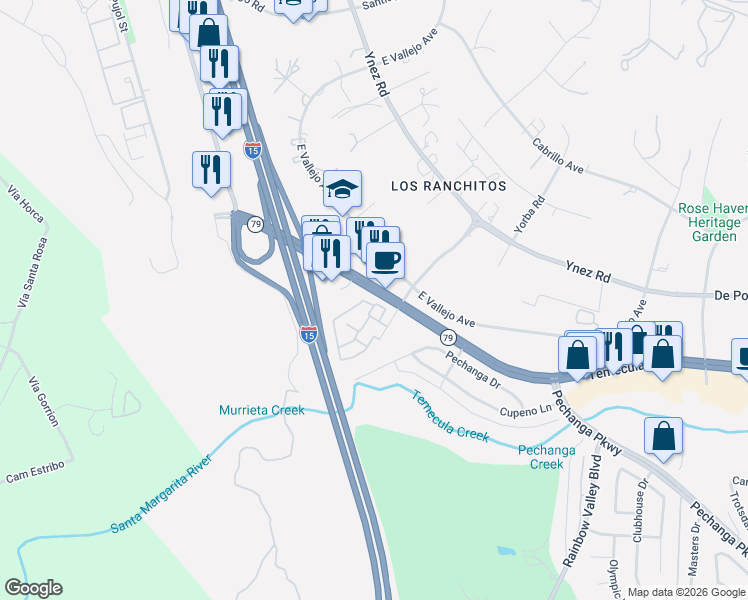 map of restaurants, bars, coffee shops, grocery stores, and more near 44535 La Paz Road in Temecula