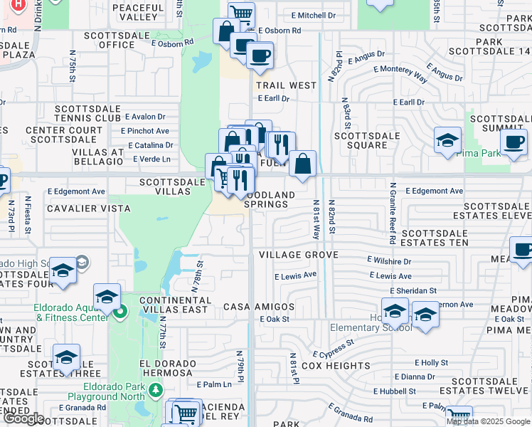 map of restaurants, bars, coffee shops, grocery stores, and more near 2635 North Hayden Road in Scottsdale