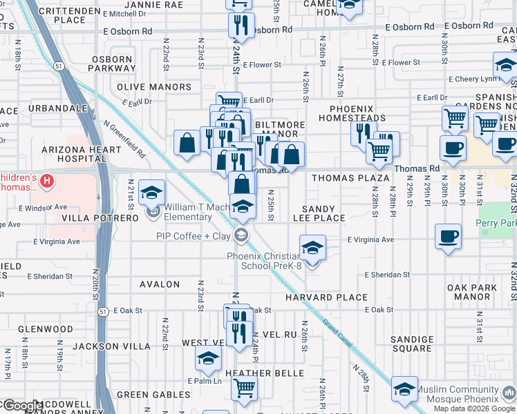 map of restaurants, bars, coffee shops, grocery stores, and more near 2721 North 24th Place in Phoenix