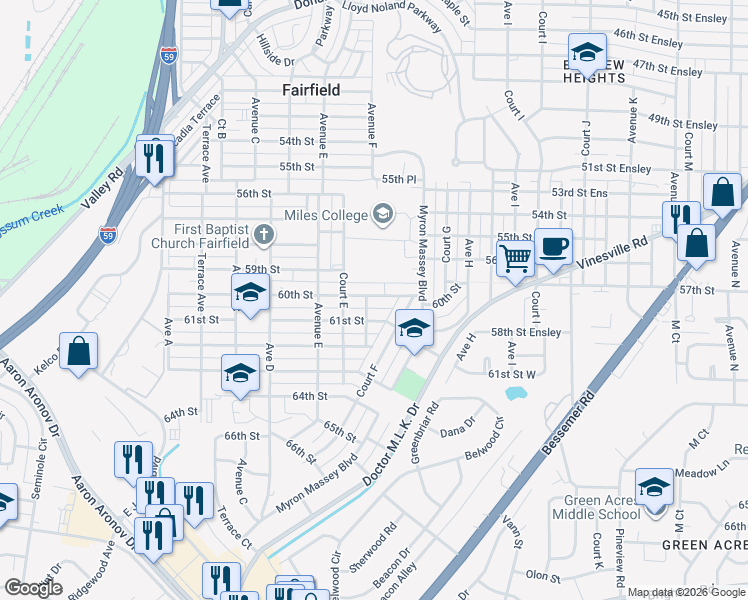 map of restaurants, bars, coffee shops, grocery stores, and more near 705 60th Street Ensley in Fairfield