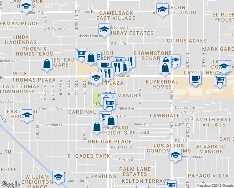 map of restaurants, bars, coffee shops, grocery stores, and more near 3227 East Windsor Avenue in Phoenix