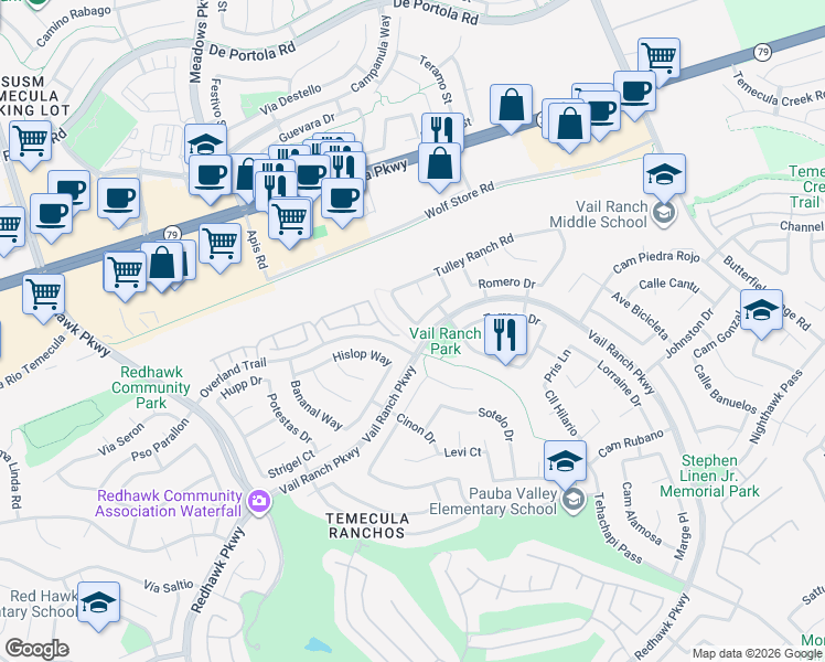 map of restaurants, bars, coffee shops, grocery stores, and more near 44641 Alighchi Way in Temecula