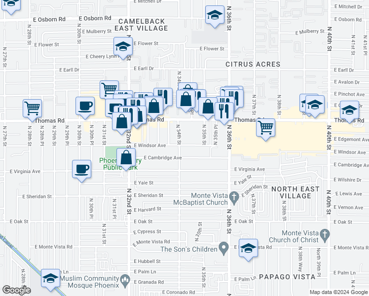 map of restaurants, bars, coffee shops, grocery stores, and more near 3411 East Windsor Avenue in Phoenix