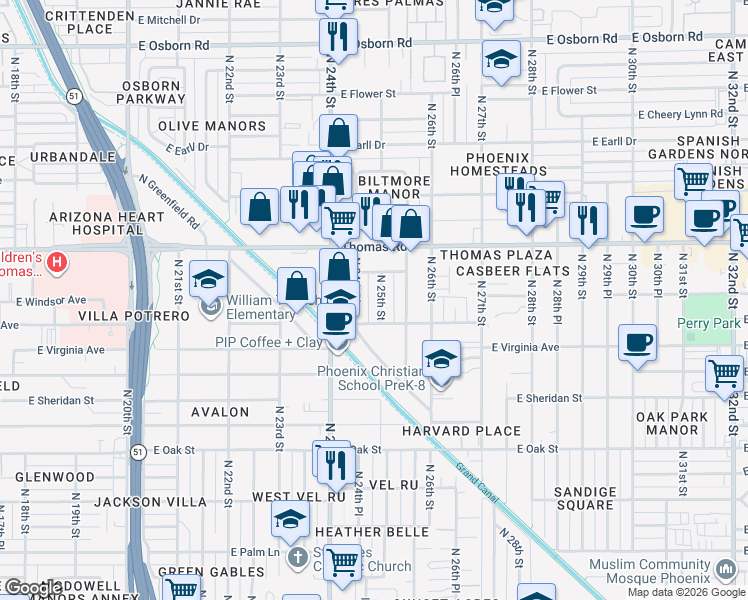 map of restaurants, bars, coffee shops, grocery stores, and more near 2721 North 24th Place in Phoenix