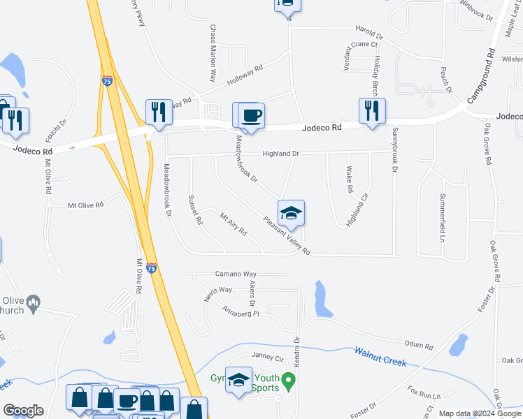 map of restaurants, bars, coffee shops, grocery stores, and more near 115 Pleasant Valley Road in McDonough