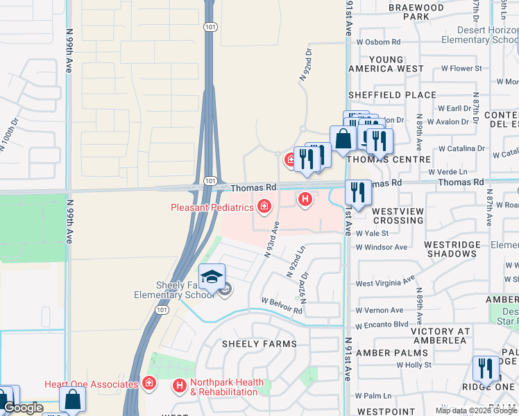 map of restaurants, bars, coffee shops, grocery stores, and more near 9301 West Thomas Road in Phoenix