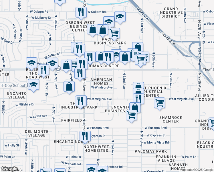 map of restaurants, bars, coffee shops, grocery stores, and more near 3320 West Windsor Avenue in Phoenix