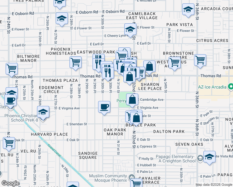 map of restaurants, bars, coffee shops, grocery stores, and more near 2642 North 31st Street in Phoenix