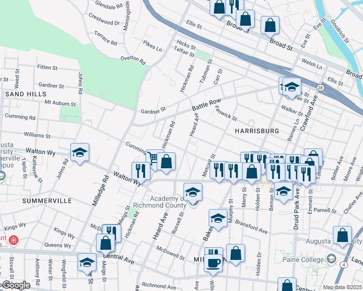 map of restaurants, bars, coffee shops, grocery stores, and more near 2089 Heckle Street in Augusta