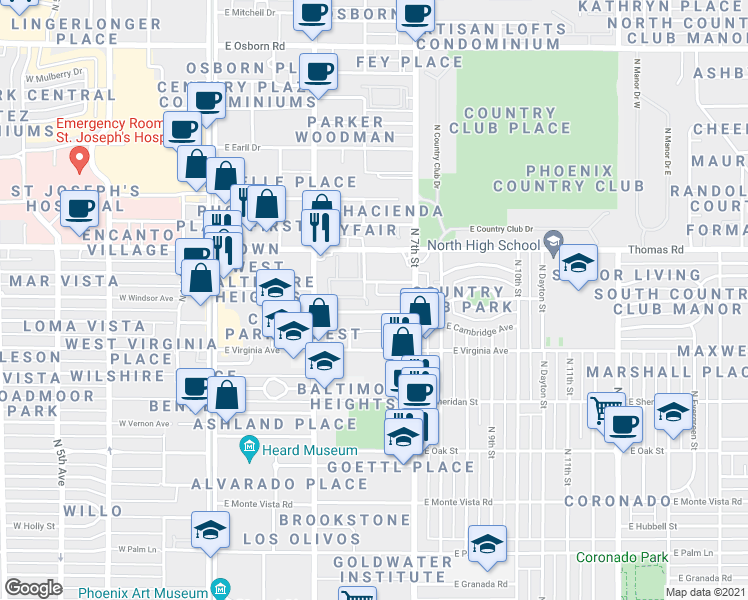 map of restaurants, bars, coffee shops, grocery stores, and more near 501 East Roanoke Avenue in Phoenix