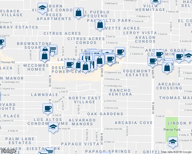 map of restaurants, bars, coffee shops, grocery stores, and more near 3975 East Thomas Road in Phoenix