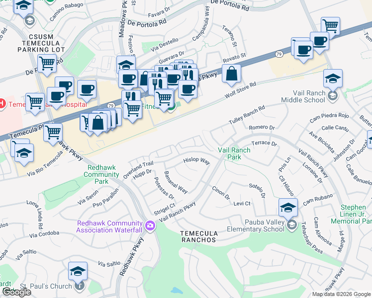 map of restaurants, bars, coffee shops, grocery stores, and more near 32651 Willowvail Circle in Temecula