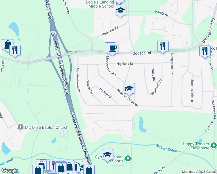 map of restaurants, bars, coffee shops, grocery stores, and more near 110 Pleasant Valley Road in McDonough