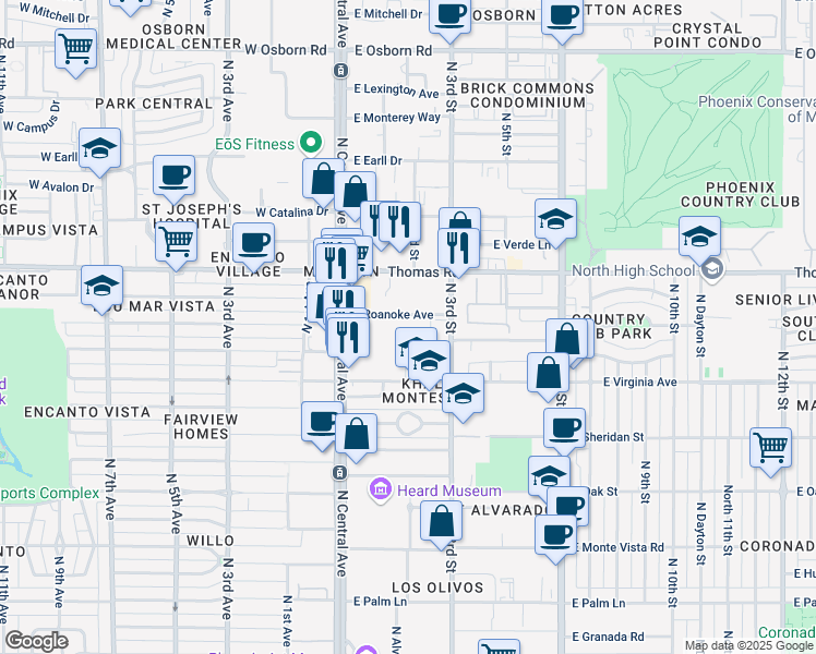map of restaurants, bars, coffee shops, grocery stores, and more near 61 East Roanoke Avenue in Phoenix