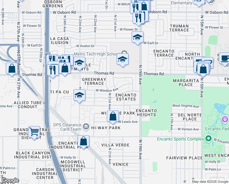 map of restaurants, bars, coffee shops, grocery stores, and more near 2061 West Windsor Avenue in Phoenix