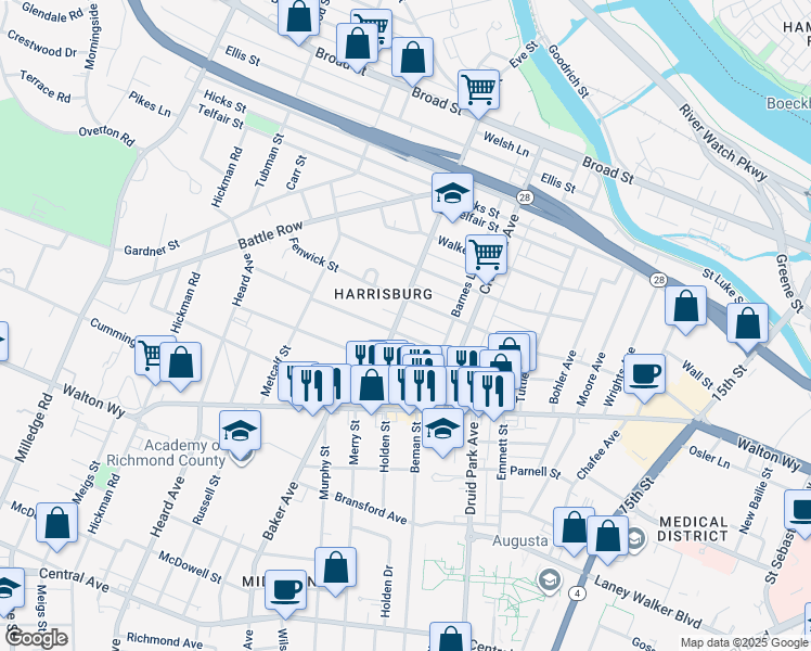 map of restaurants, bars, coffee shops, grocery stores, and more near 1855 Starnes Street in Augusta
