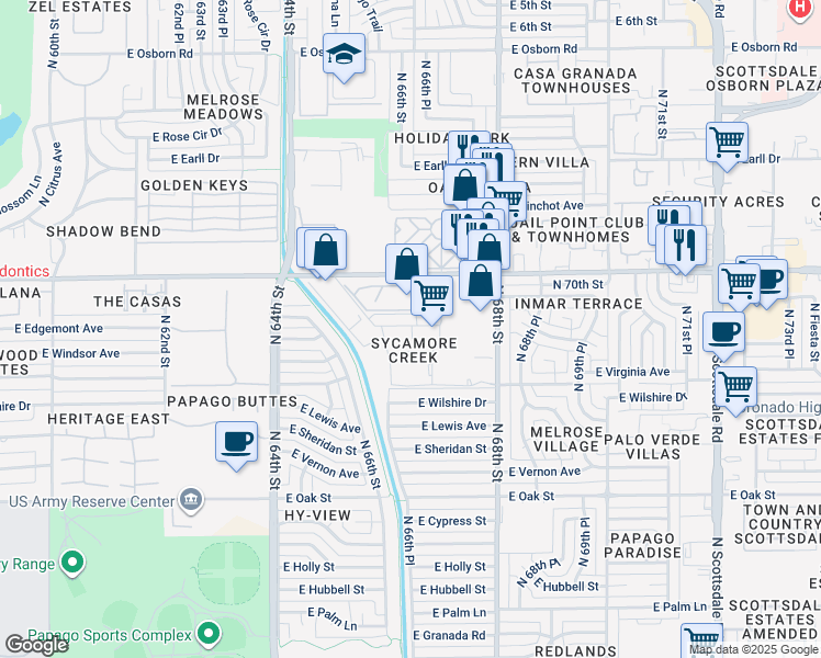 map of restaurants, bars, coffee shops, grocery stores, and more near 6599 East Thomas Road in Scottsdale