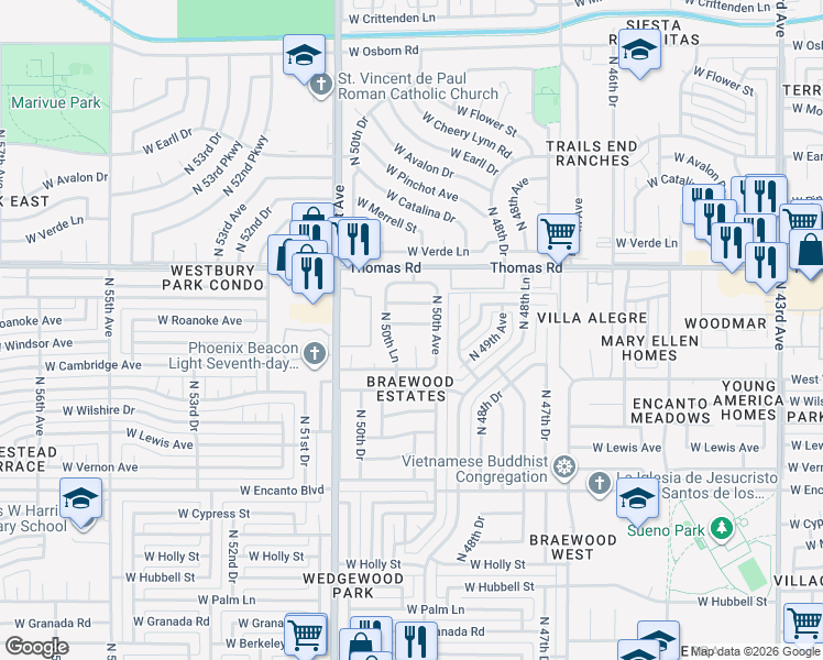 map of restaurants, bars, coffee shops, grocery stores, and more near 5005 West Windsor Avenue in Phoenix